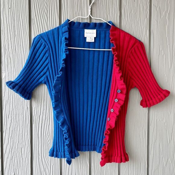 Find Me Now Two-Tone Ruffle Button Cardigan Blue/Red S Rib Knit Kidcore Y2K - Picture 3 of 9